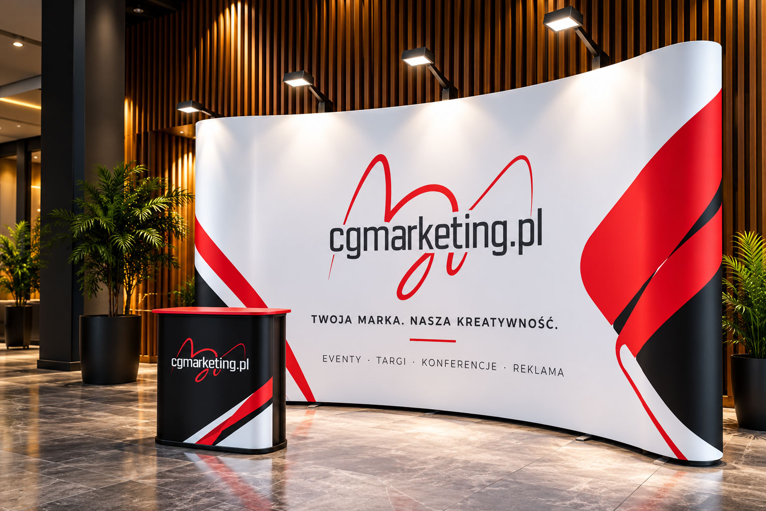 Ścianka reklamowa CGMarketing – wizualizacja ekspozycji eventowej